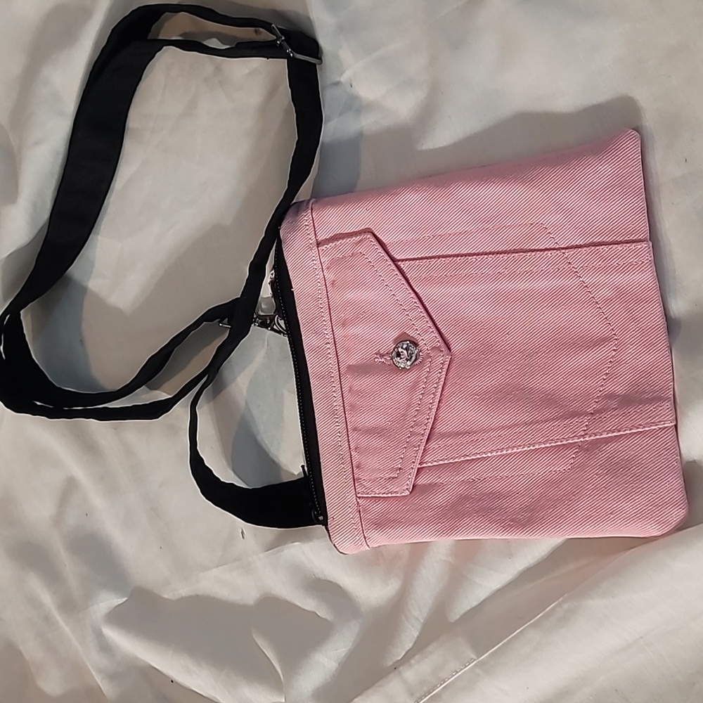 Handmade pink cross body purse made from upcycled denim jacket